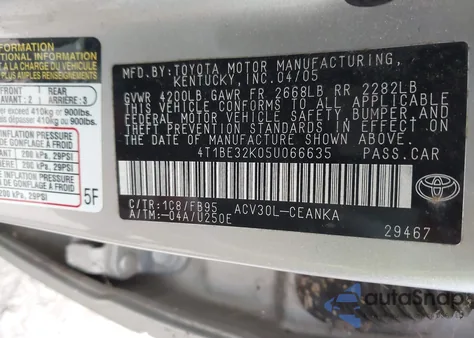 2005 Toyota Camry Le from USA, damaged, VIN 4T1BE32K05U066635